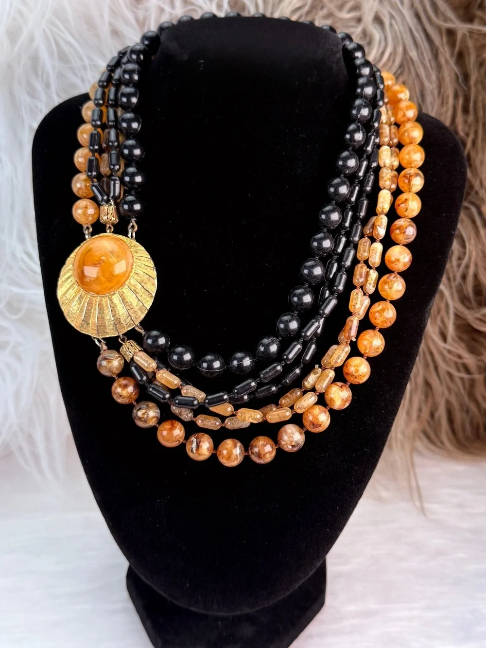 Vintage Multi Strand Black Amber Tone Bead Necklace Gold Tone Centerpiece